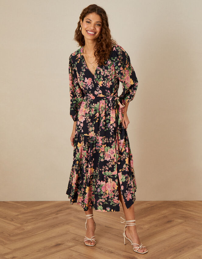 Rosemary Tiered Midi Dress in Sustainable Viscose, Black (BLACK), large
