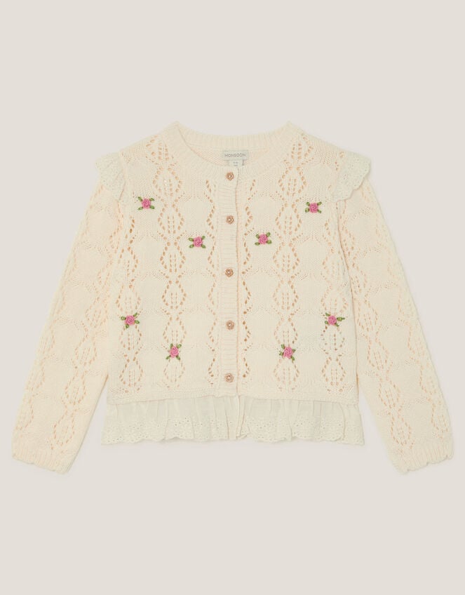 Embroidered Frill Pointelle Cardigan, Ivory (IVORY), large