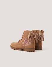 Bow Embroidered Lace-Up Boots, Tan (TAN), large