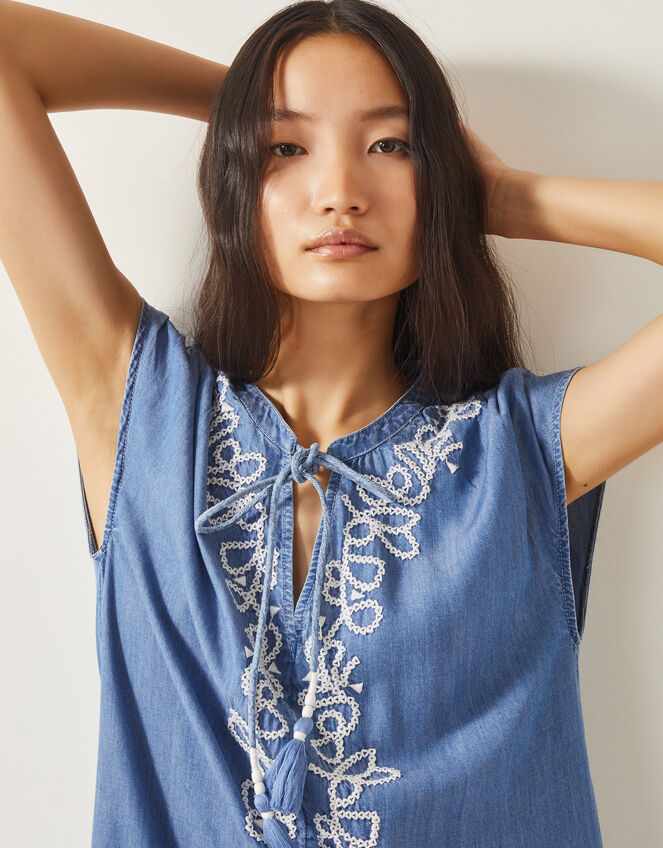 Isolde Embroidered Chambray Mini Dress, Blue (DENIM BLUE), large
