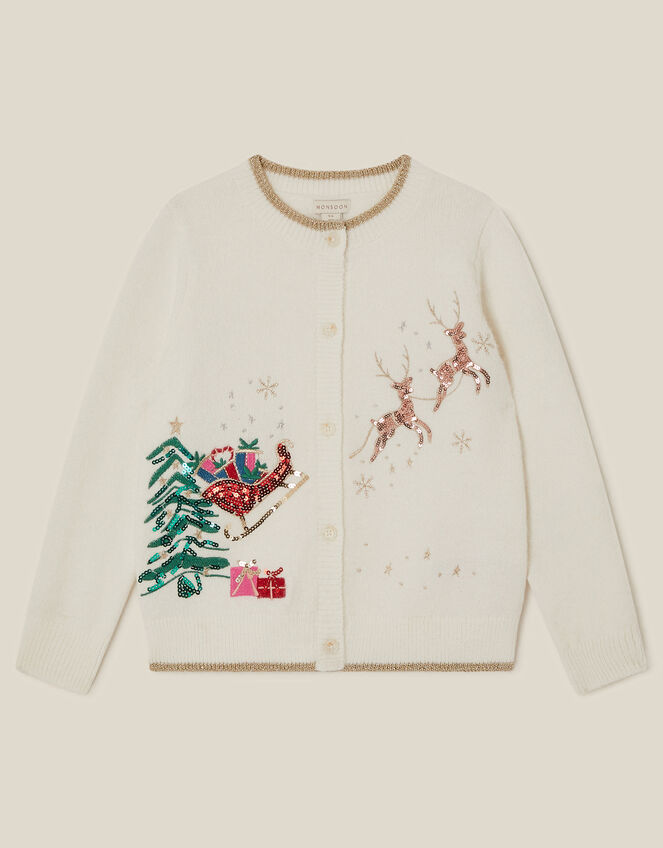 Sequin Christmas Scene Cardigan, Ivory (IVORY), large