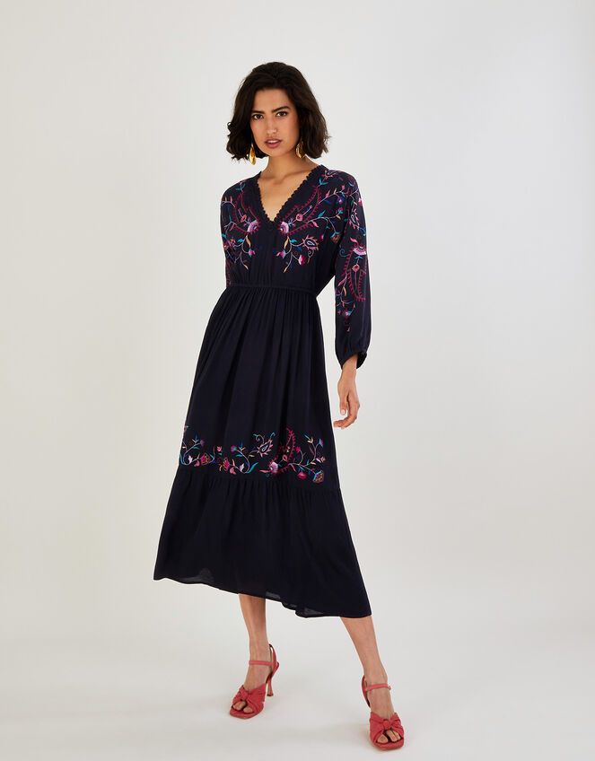 Glenn Embroidered Paisley Midi Dress, Black (BLACK), large