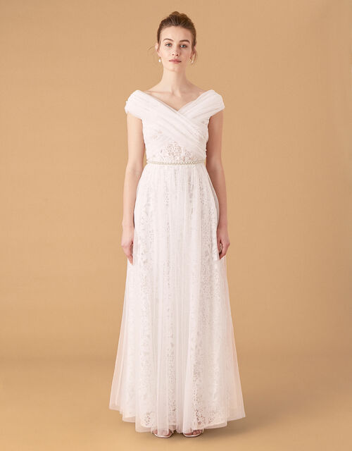 Margorie Blue and Ivory Tulle Brocade Lace Dress