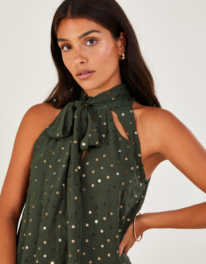 Camille Sequin Halter Top in Sustainable Viscose, Green (KHAKI), large