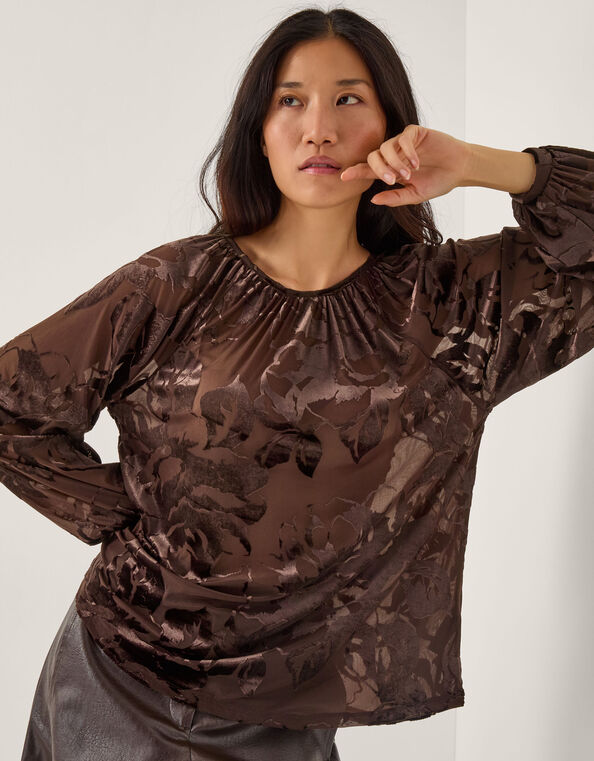 Dua Floral Devore Blouse, Brown (CHOCOLATE), large