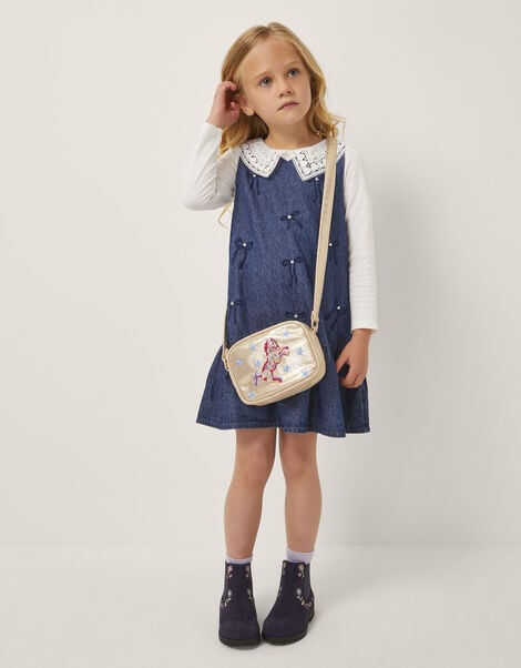 Collar Top & Chambray Bow Dress Set, Blue (BLUE), large
