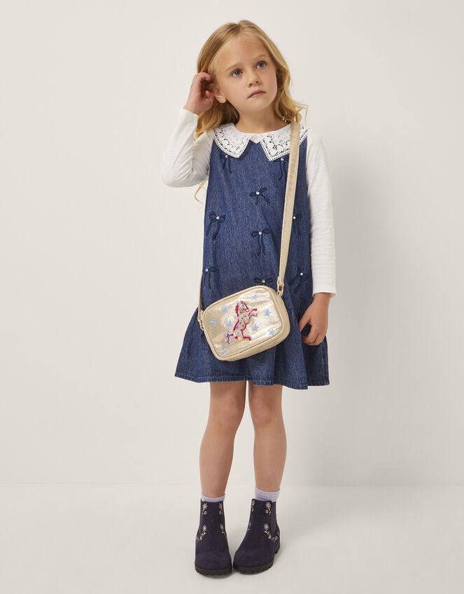 Collar Top & Chambray Bow Dress Set, Blue (BLUE), large