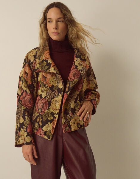 Jessie Funnel Neck Floral Jacquard Jacket, Black (BLACK), large
