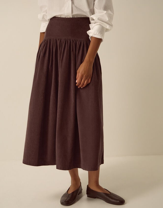 Jenny Drop Waist Corduroy Midi Skirt, Brown (CHOCOLATE), large