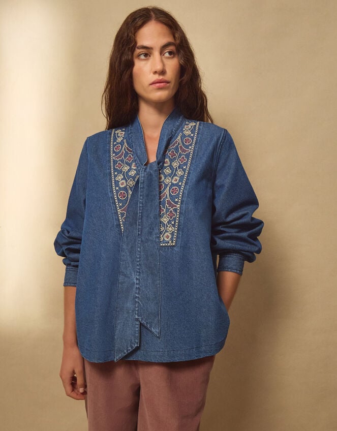 East Dolie Embroidered Denim Blouse, Blue (DENIM), large