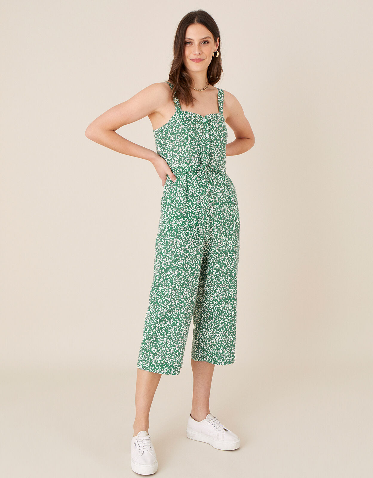 Printed Jumpsuit in Linen Blend Green
