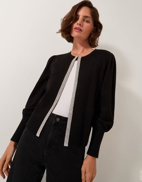 Eden Diamanté Trim Cardigan, Black (BLACK), large