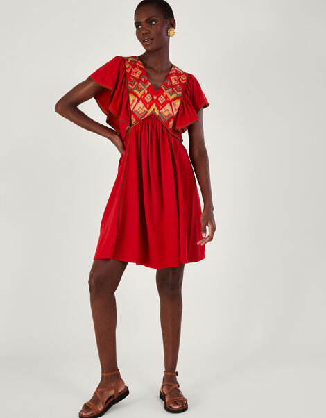 Embroidered Ruffle Sleeve Jersey Dress, Red (RED), large