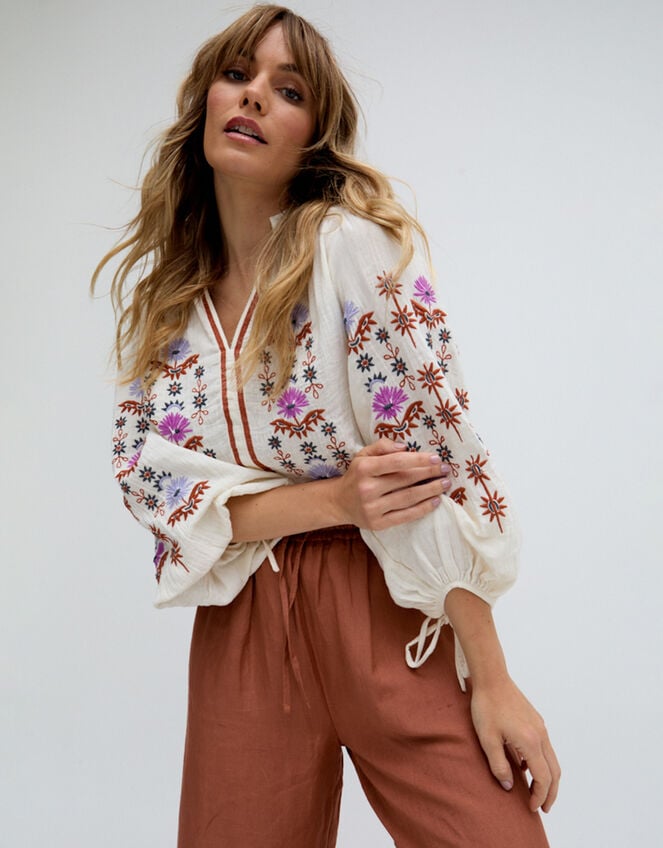 Raffya Dina Embroidered Blouse, Cream (CREAM), large