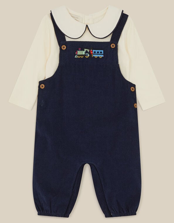 Newborn Train Embroidered Top & Corduroy Dungarees Set , Blue (NAVY), large