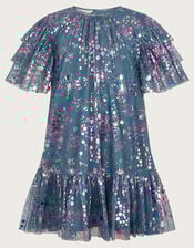 Frilly Sleeve Metallic Print Mesh Dress, Gray (GREY), large