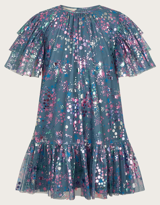 Frilly Sleeve Metallic Print Mesh Dress, Gray (GREY), large