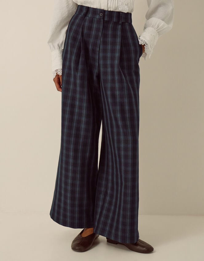 Fern High Waisted Check Wide Leg Trousers, Blue (BLUE), large