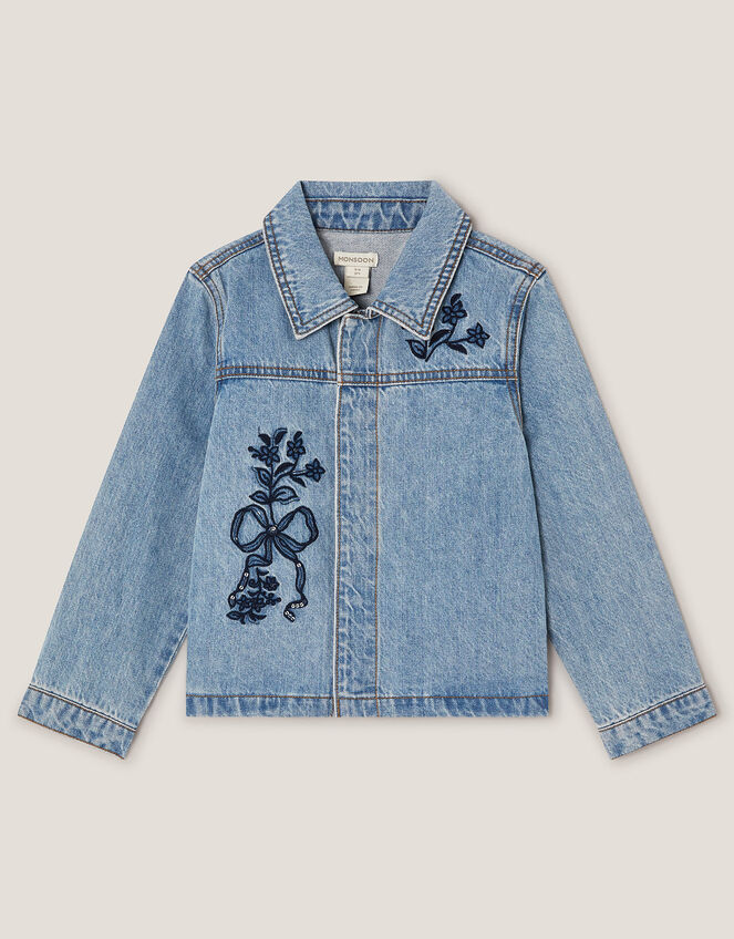Bow Embroidered Denim Jacket, Blue (BLUE), large