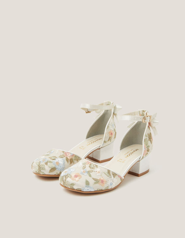 Floral Embroidered Closed Toe Heels , Ivory (IVORY), large