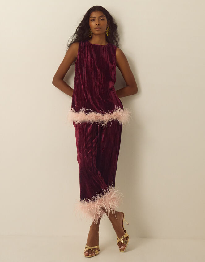 Emma Sleeveless Faux Feather Velvet Top, Red (BURGUNDY), large