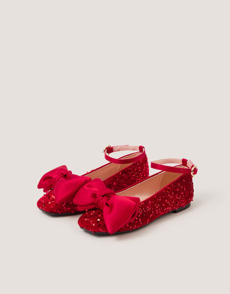 Bow Sequin Velvet Ballet Flats, Red (RED), large