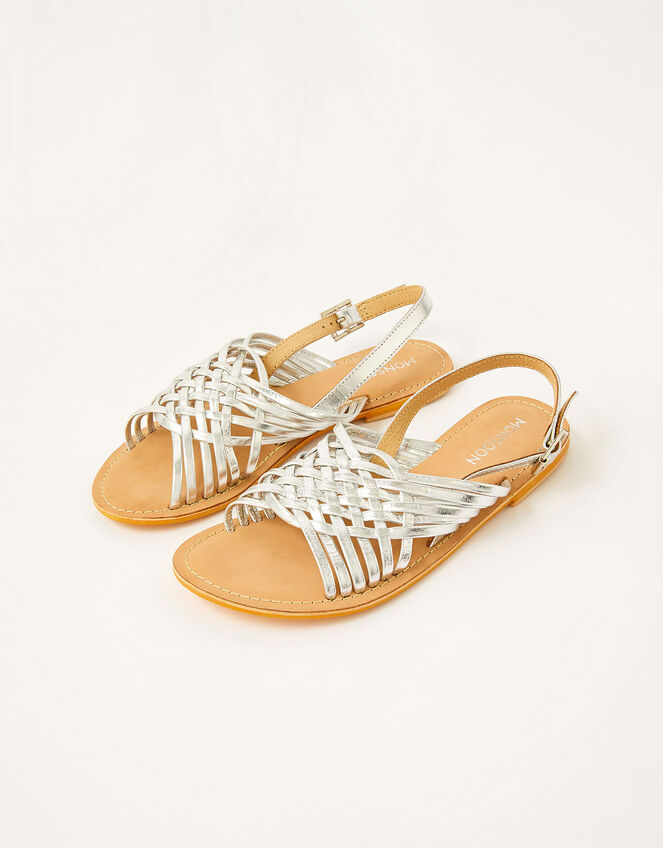 Metallic Weave Leather Sandals, Silver (SILVER), large