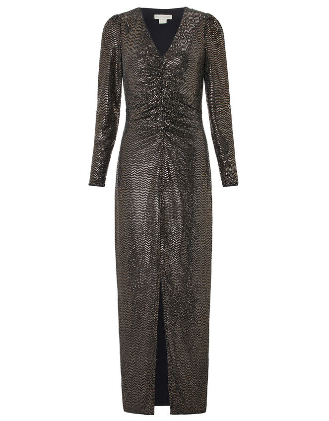 Rhiannon Ruched Glitter Maxi Dress, Bronze (BRONZE), large