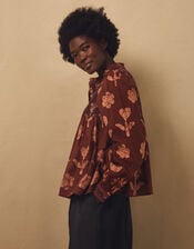 East Zena Hand-Batik Smocked Blouse, Brown (BROWN), large