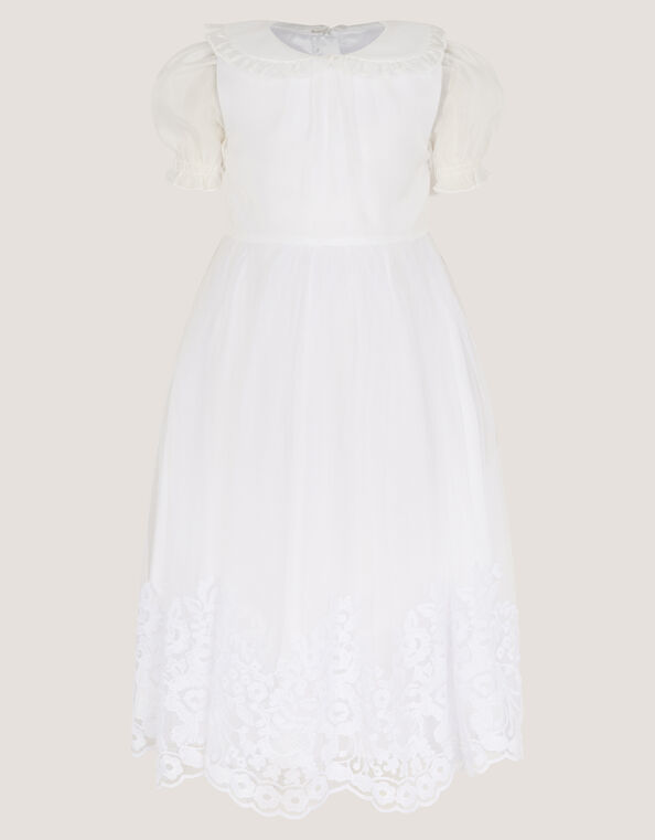 Puff Sleeve Floral Hem Dress, White (WHITE), large