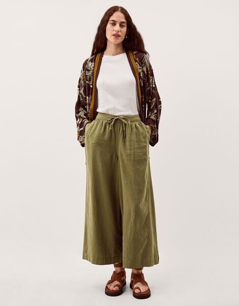 Maisie Linen Blend Crop Wide Leg Trousers, Green (KHAKI), large