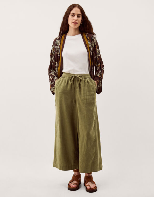 Maisie Linen Blend Crop Wide Leg Trousers, Green (KHAKI), large