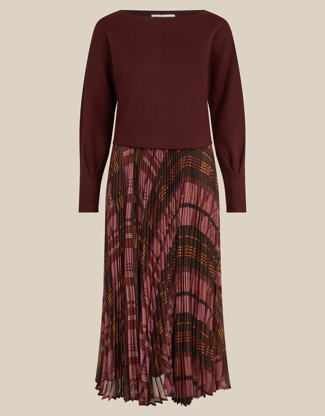 Melinda Check Print Pleated Midi Dress, Red (BURGUNDY), large