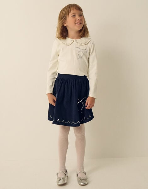Bow Embellished Top & Corduroy Skirt Set, Blue (NAVY), large
