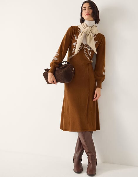 Cleo V-Neck Embroidered Knit Midi Dress, Orange (RUST), large