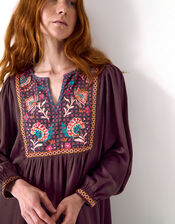 East Eliana Embroidered Long Sleeve Midi Dress, Brown (BROWN), large