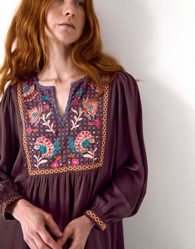 East Eliana Embroidered Long Sleeve Midi Dress, Brown (BROWN), large