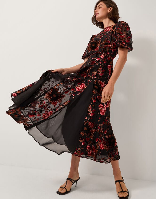 Carolyn Floral Devor&eacute; Midi Dress, Black (BLACK), large