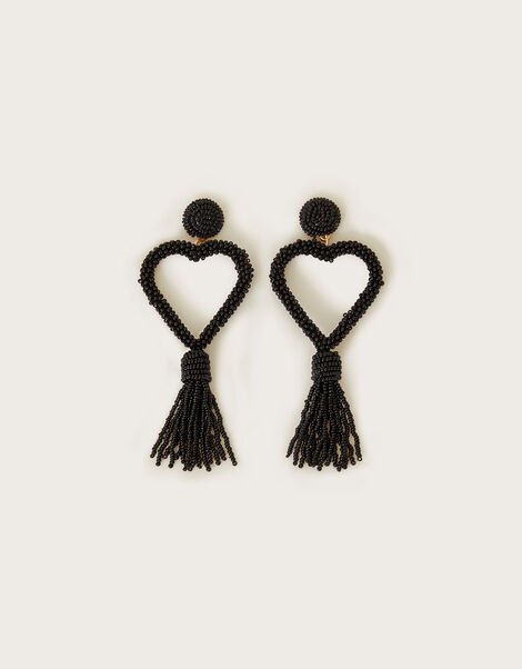 Beaded Heart Tassel Earrings, Black (BLACK), large