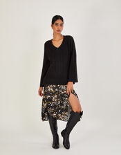 V-Neck Cable Longline Jumper with Recycled Polyester , Black (BLACK), large