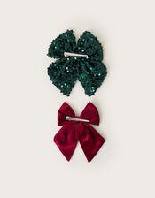 2-Pack Velvet and Sequin Christmas Bow Hair Clips, , large