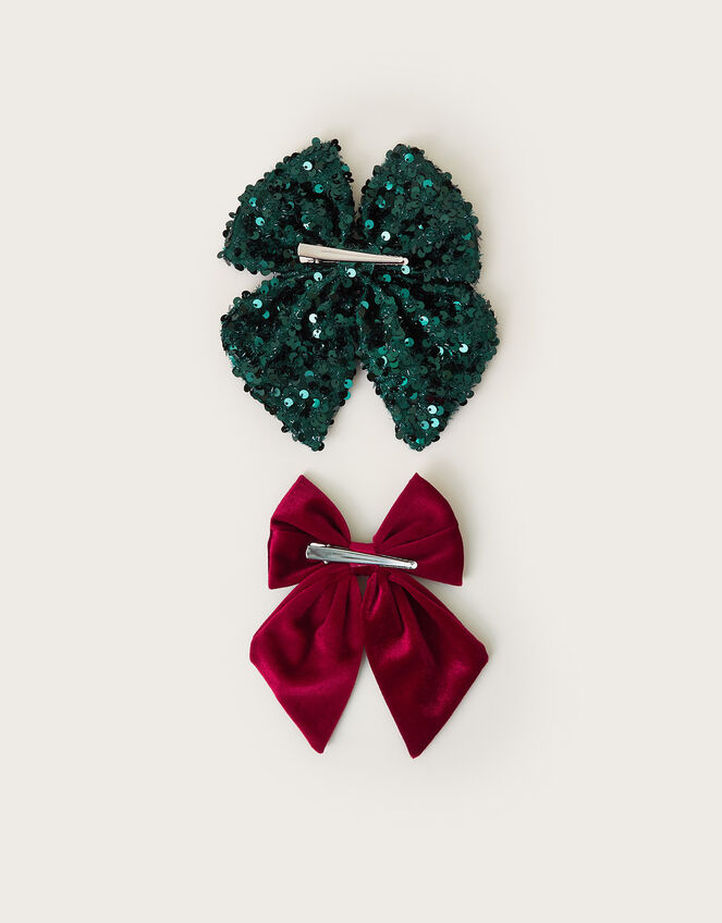 2-Pack Velvet and Sequin Christmas Bow Hair Clips, , large