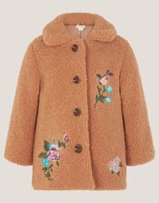 Baby Embroidered Floral Borg Coat, Camel (CAMEL), large