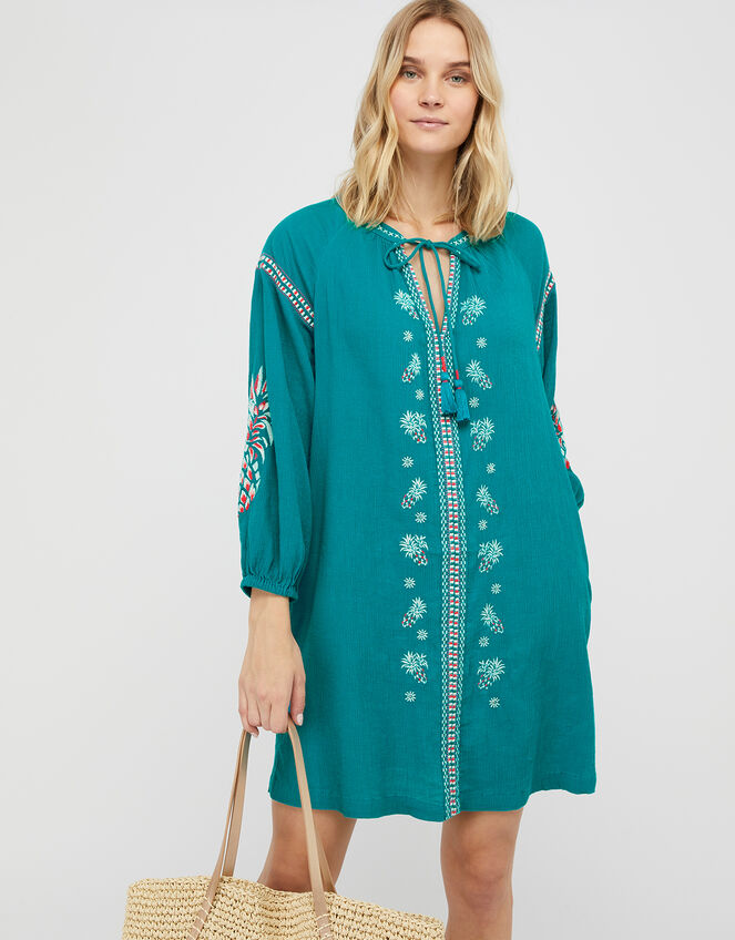 Shada Embroidered Dress in Organic Cotton, Teal (TEAL), large