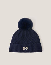 Diamond Bow Pom-Pom Beanie Hat, Blue (NAVY), large