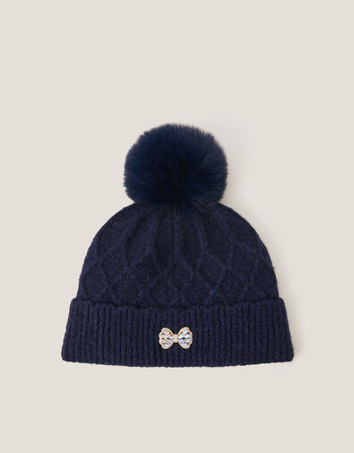 Diamond Bow Pom-Pom Beanie Hat, Blue (NAVY), large