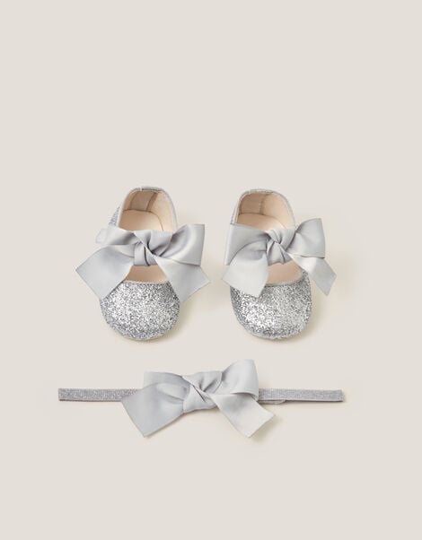 Baby Bow Glitter Headband & Booties Set, Silver (SILVER), large