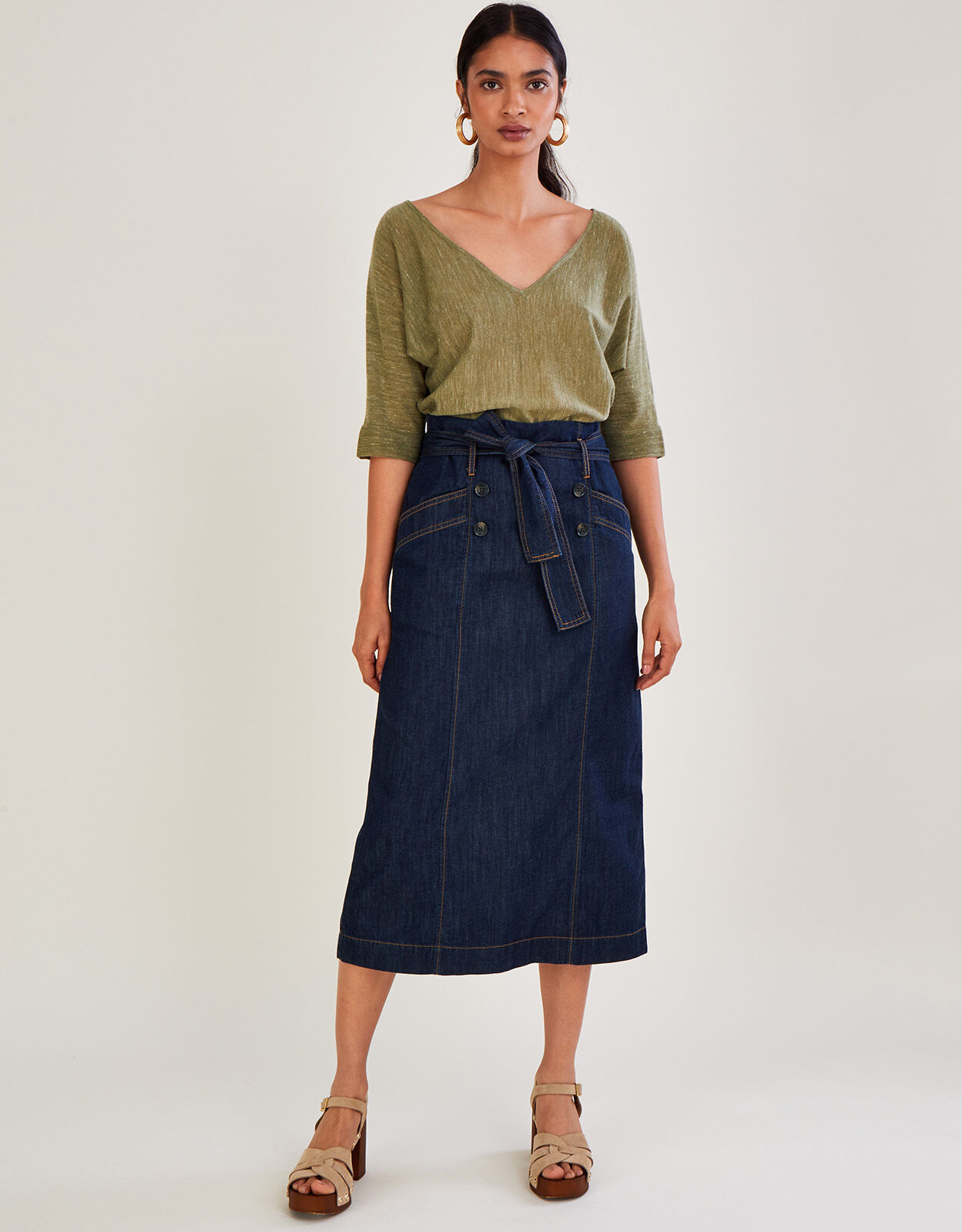 Denim Belted Button Front Skirt Blue