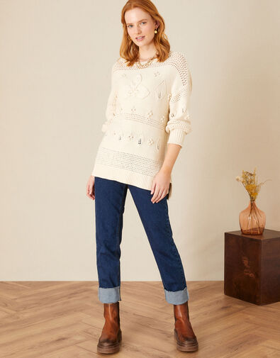 Stitch and Bobble Detailed Jumper in Recycled Cotton Ivory, Ivory (IVORY), large
