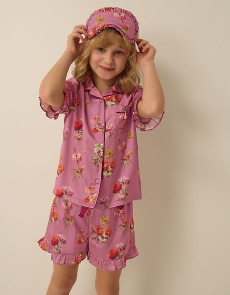Floral Satin Short Pyjamas & Eye Mask Set, Purple (LILAC), large